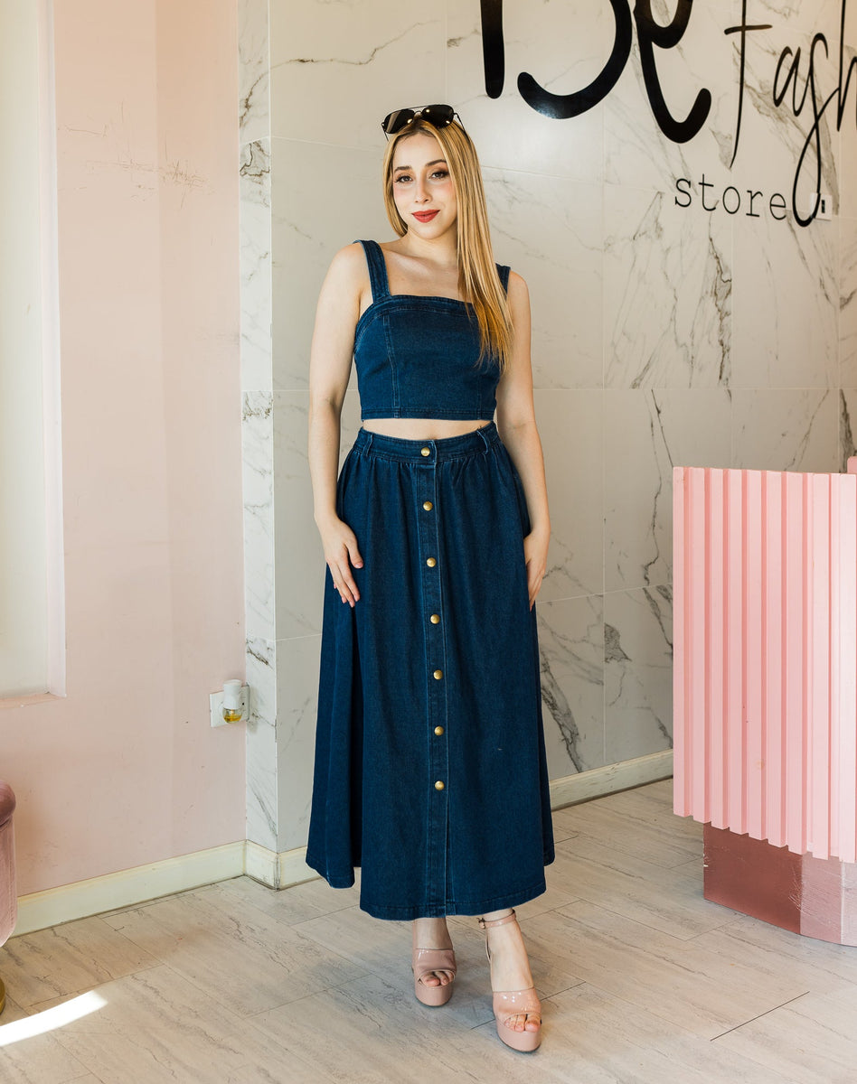 outfits falda jeans botones