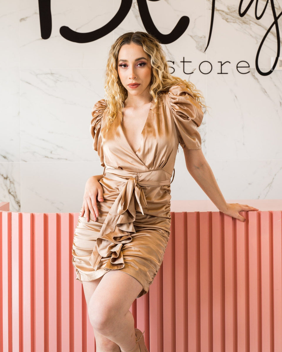 Vestido Corto Corrugado Manga Farol con Cinto Be Fashion Store