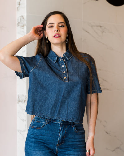 Blusa boxy denim de manga corta - Be Fashion Store