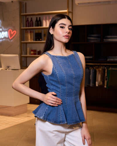 Blusa peplum de mezclilla sin mangas - Be Fashion Store