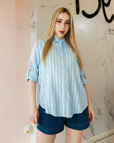 Camisa de lino a rayas manga ajustable - Be Fashion Store