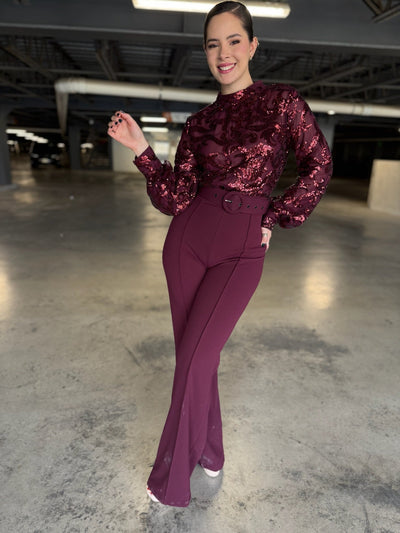 Jumpsuit burdeos lentejuelas con cinturón - Be Fashion Store