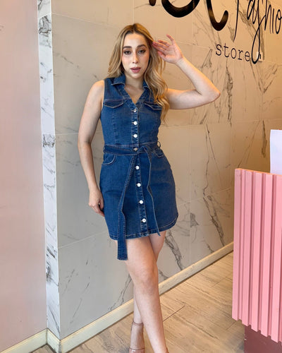 Vestido denim sin mangas camisero - Be Fashion Store