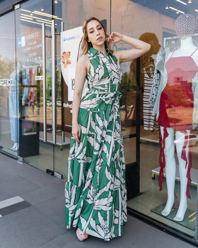Vestido largo camisero estampado con lazo - Be Fashion Store