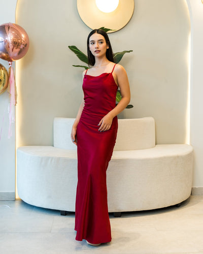 Vestido largo de satín con cuello vuelto - Be Fashion Store