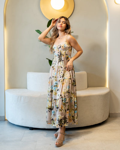 Vestido largo de satín floral con tirantes anudados - Be Fashion Store