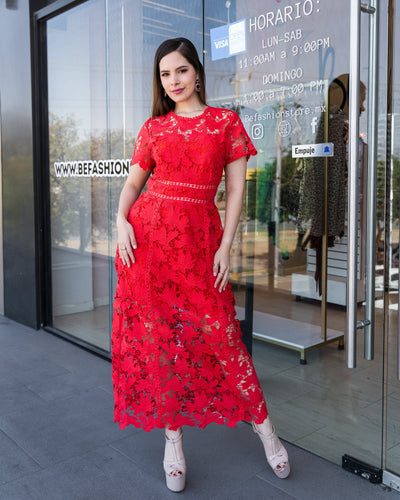 Vestido midi de encaje perforado - Be Fashion Store