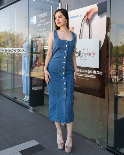Vestido midi denim botones - Be Fashion Store