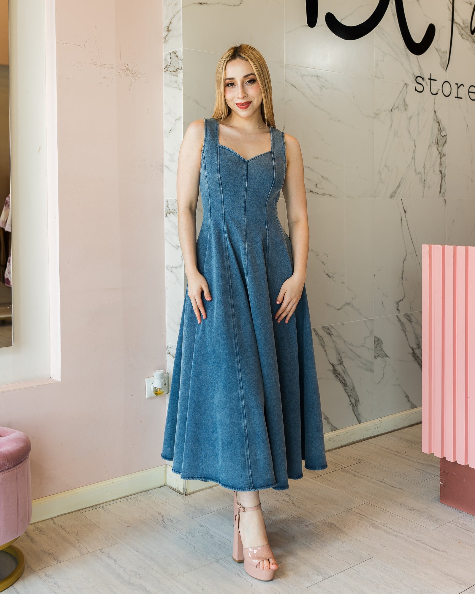 Vestido midi denim costuras asimétrico - Be Fashion Store