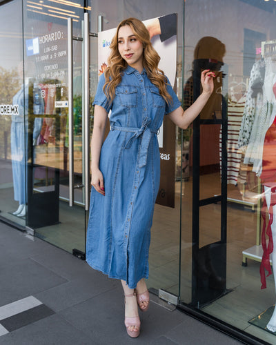 Vestido midi solapa botones y lazo en la cintura - Be Fashion Store