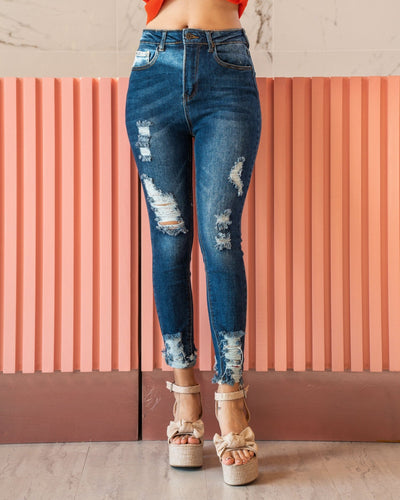 Jeans High Rise Skinny Dark Destroyed - Be Fashion Store