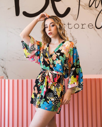 ROMPER PRINTED SURPLICE NECLINE SELF SASH TIE - Be Fashion Store