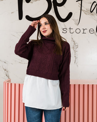 Suéter de cuello alto de punto con contraste - Be Fashion Store
